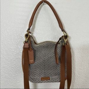 Fossil Hobo Tan Canvas and Brown Leather Convertible Shoulder Bag Crossbody
